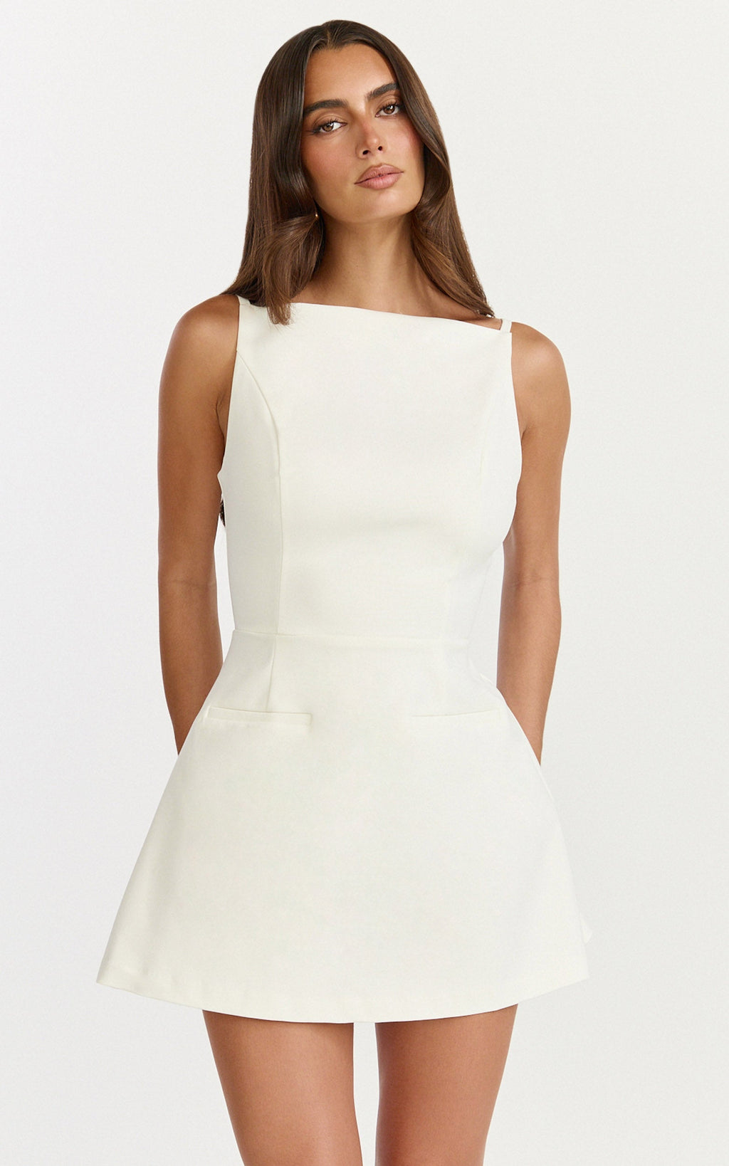 Eloise Playsuit - Straight Neck Fit And Flare Playsuit in White