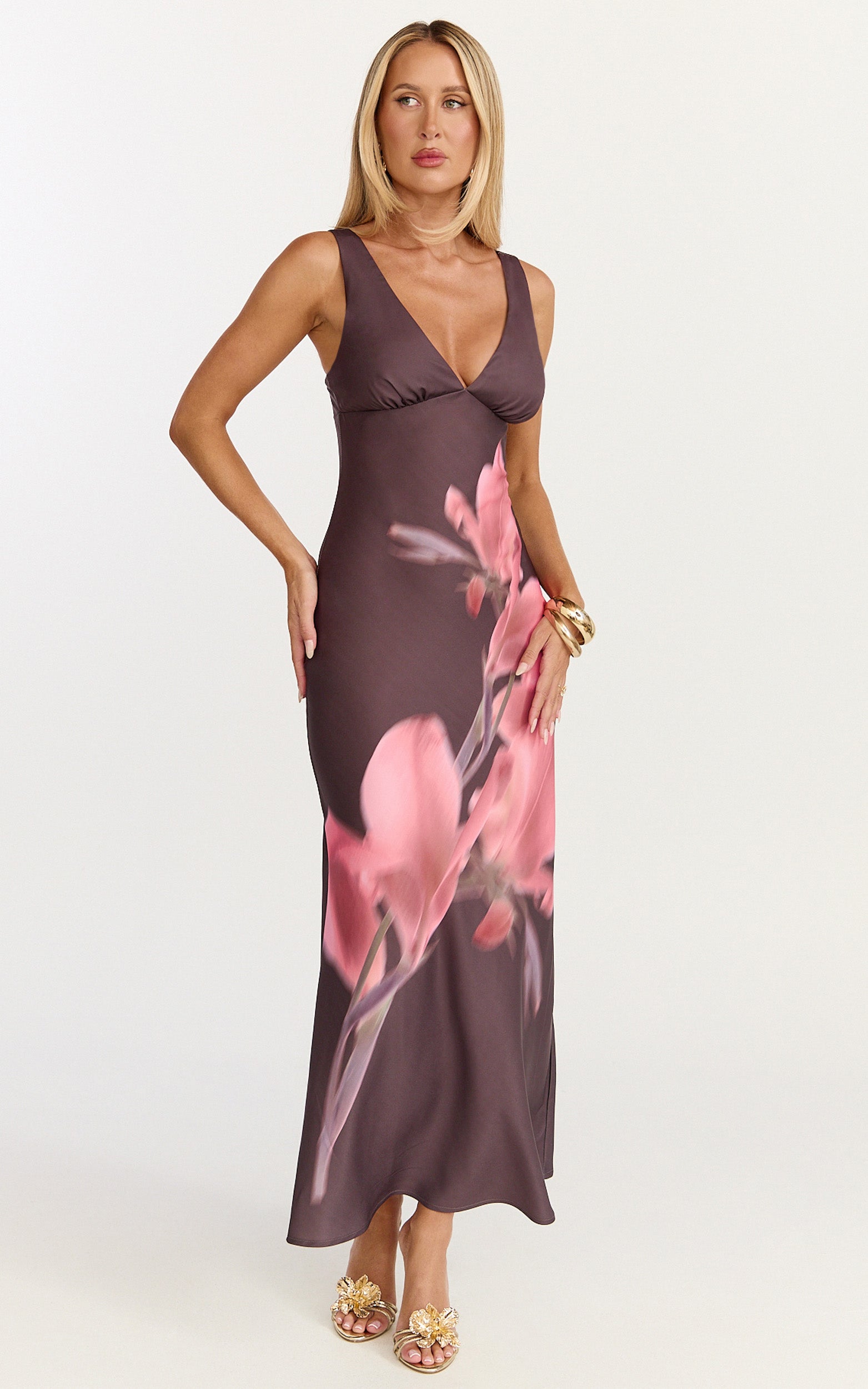 Elowen Midi Dress - Deep V Neck Satin Dress in Floral Print