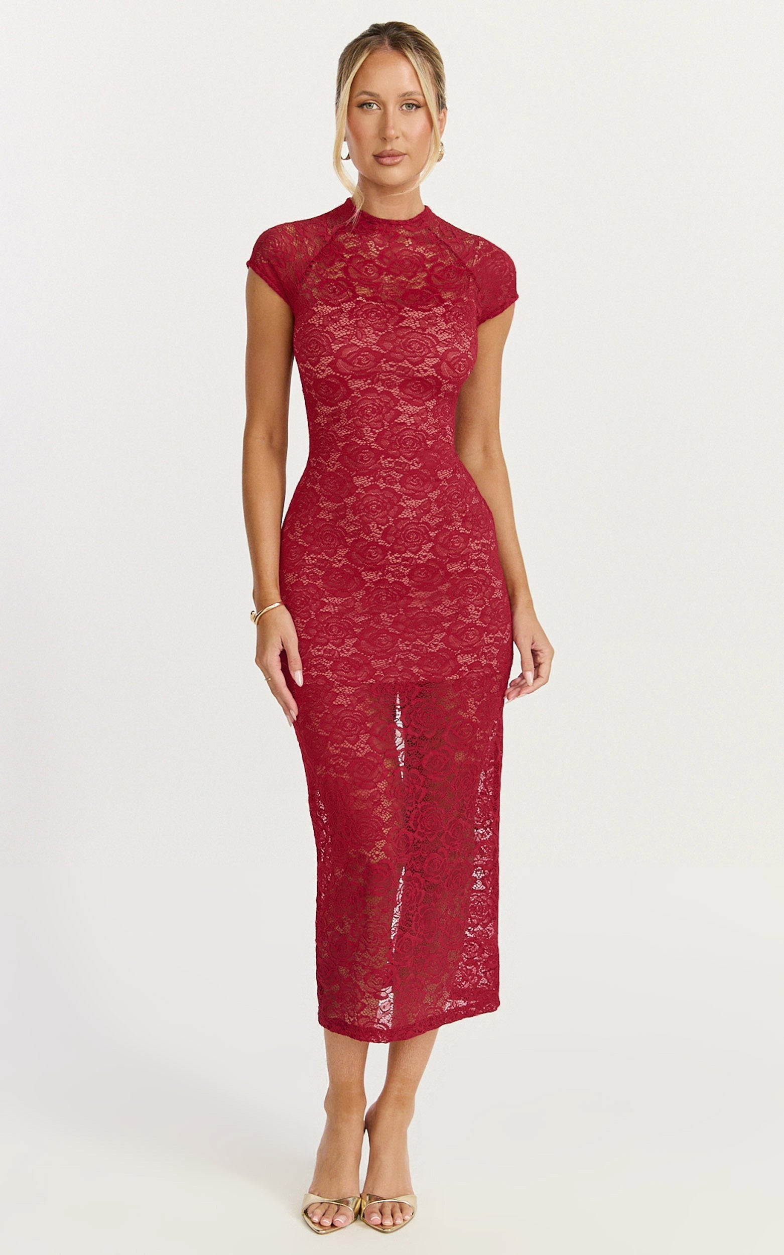 Emma Midi Dress - Lace Cap Sleeve Bodycon Dress in Wine