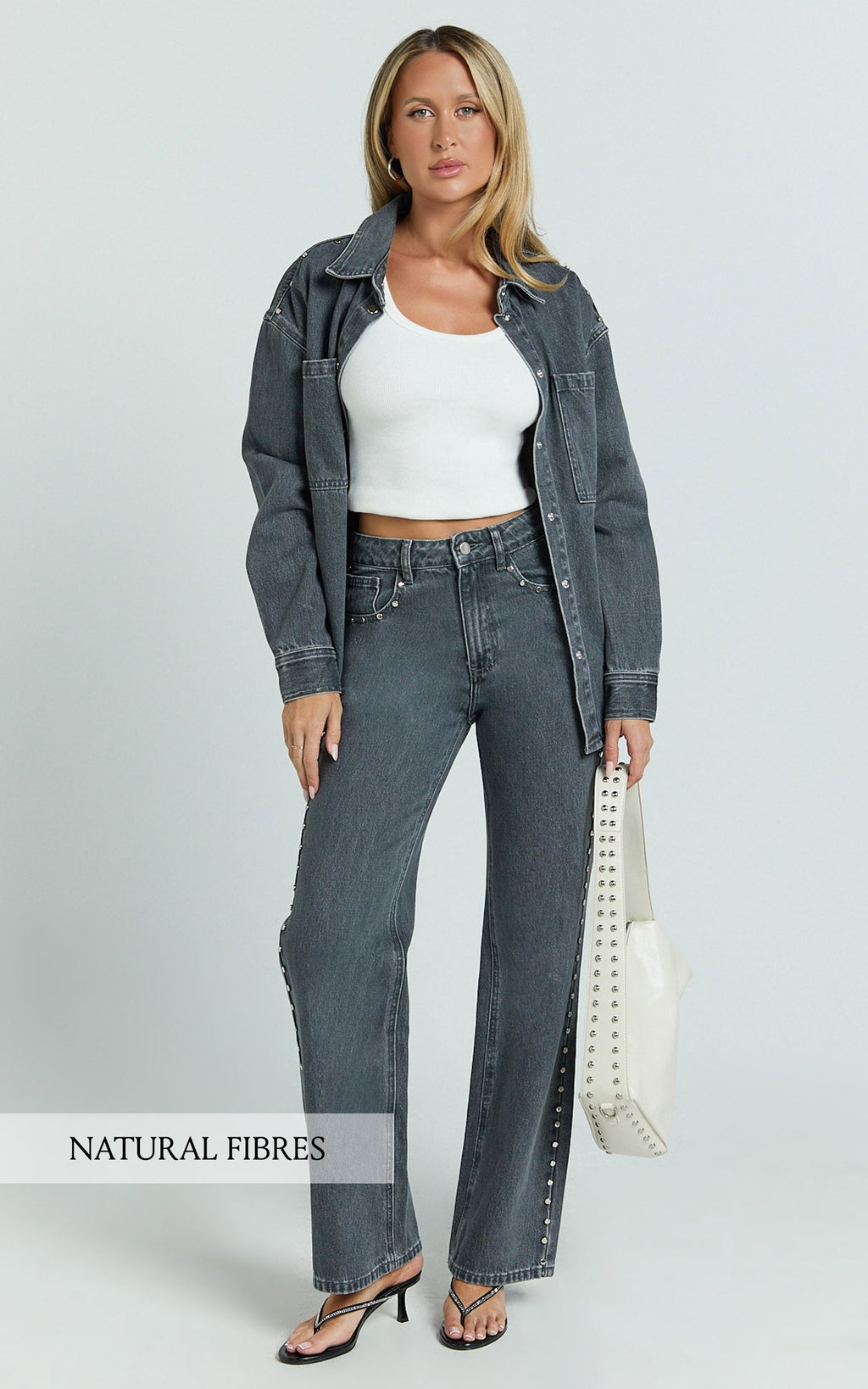 Emmie Jeans - Mid Rise Straight Leg Stud Detail Denim Jeans in Dark Grey