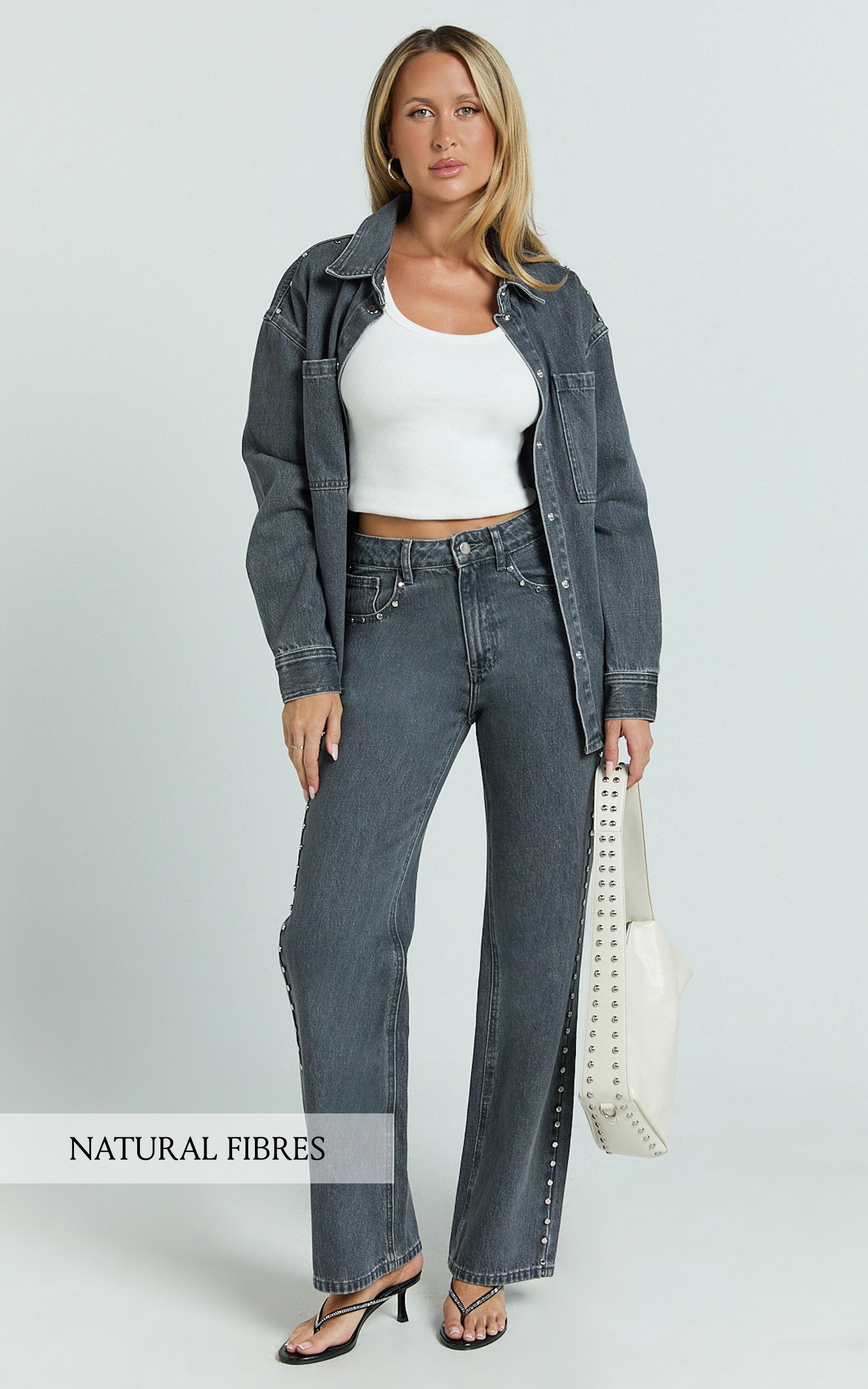 Emmie Jeans - Mid Rise Straight Leg Stud Detail Denim Jeans in Dark Grey