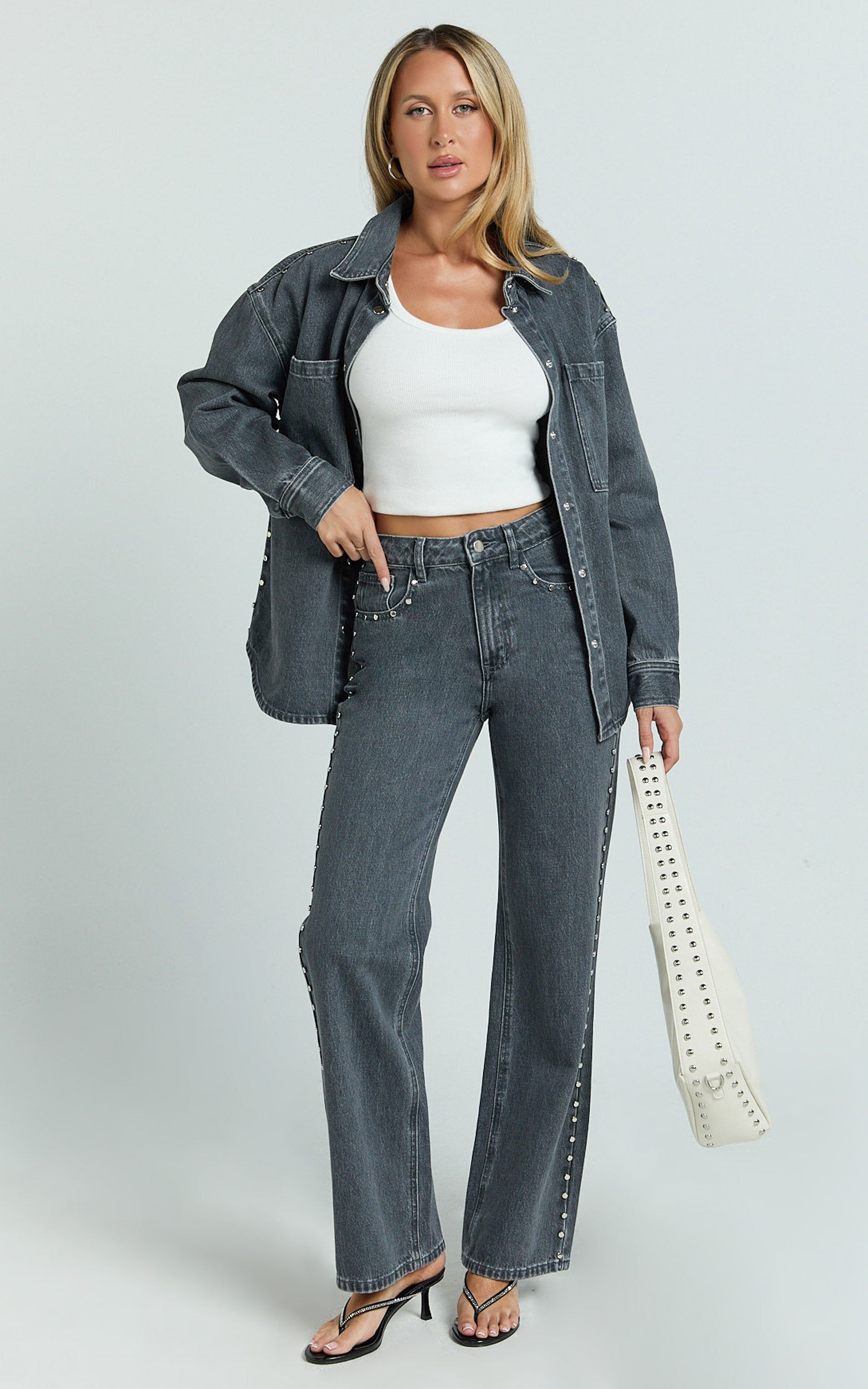 Emmie Jeans - Mid Rise Straight Leg Stud Detail Denim Jeans in Dark Grey