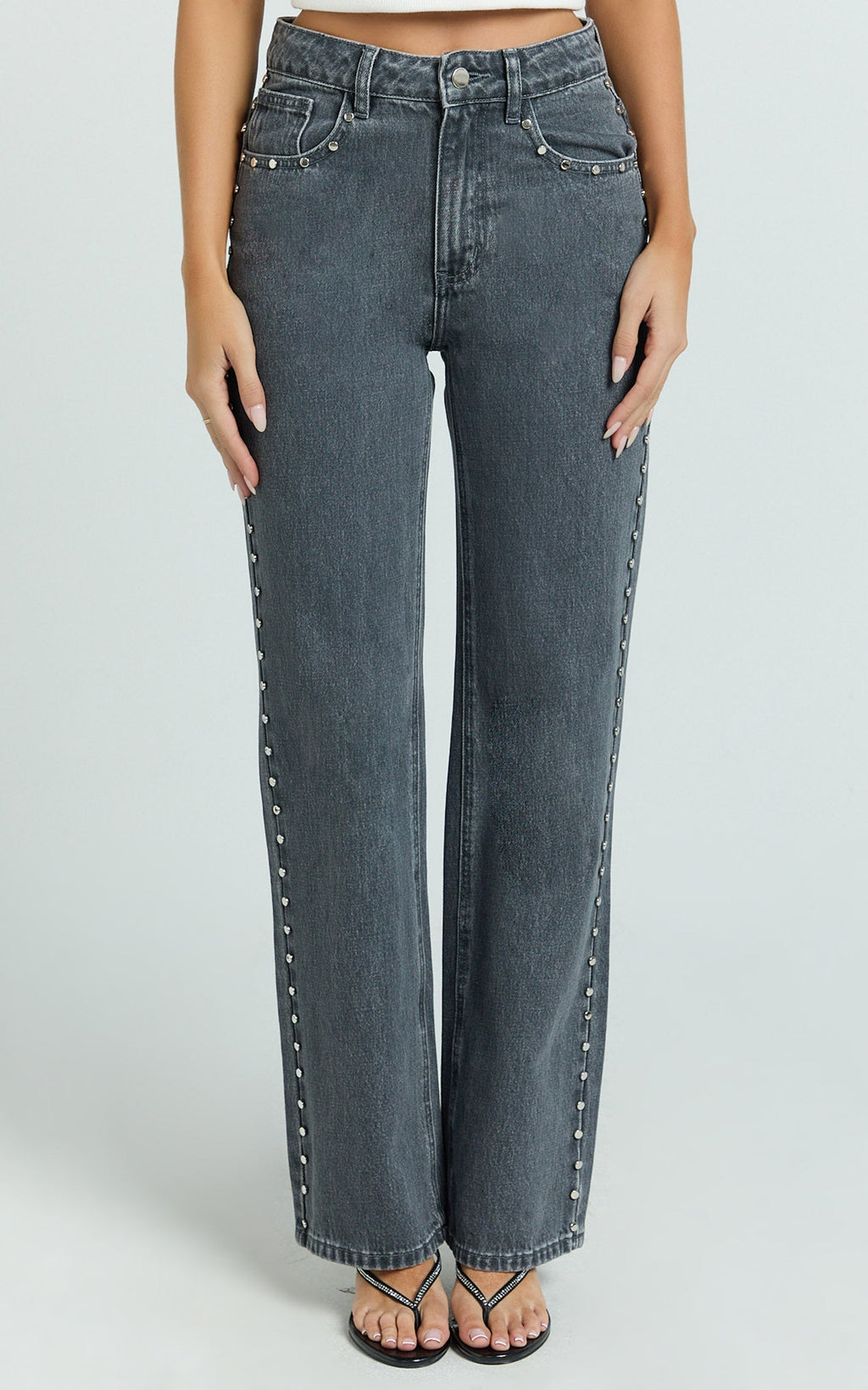 Emmie Jeans - Mid Rise Straight Leg Stud Detail Denim Jeans in Dark Grey