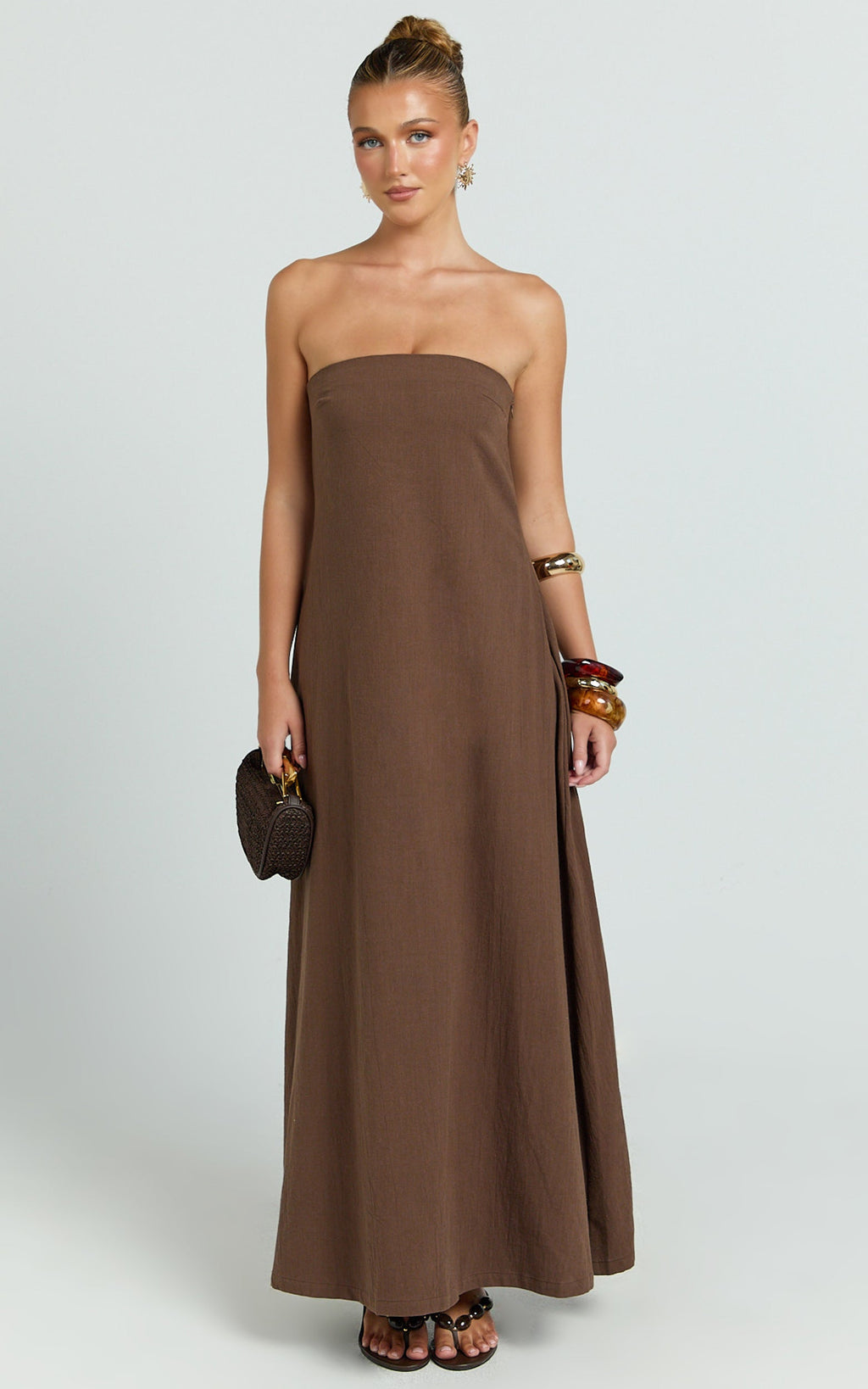 Emmie Midi Dress - Strapless Trapeze Dress in Chocolate