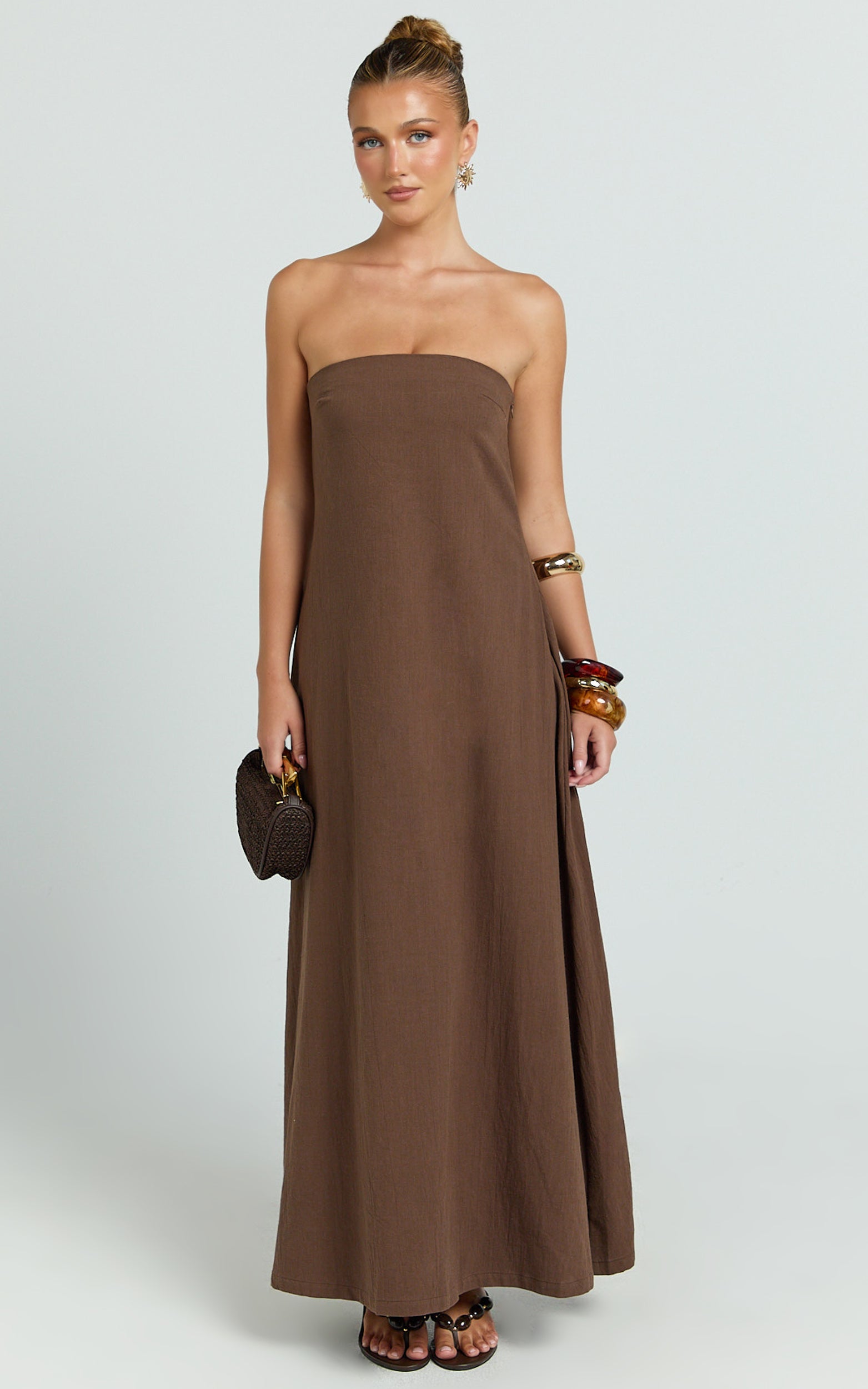 Emmie Midi Dress - Strapless Trapeze Dress in Chocolate