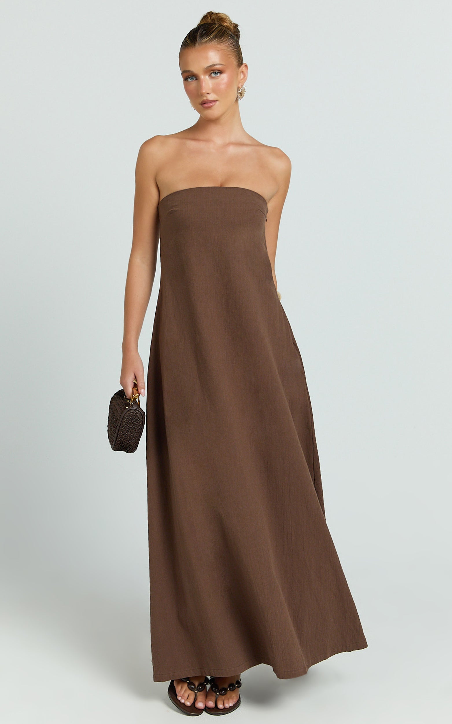 Emmie Midi Dress - Strapless Trapeze Dress in Chocolate