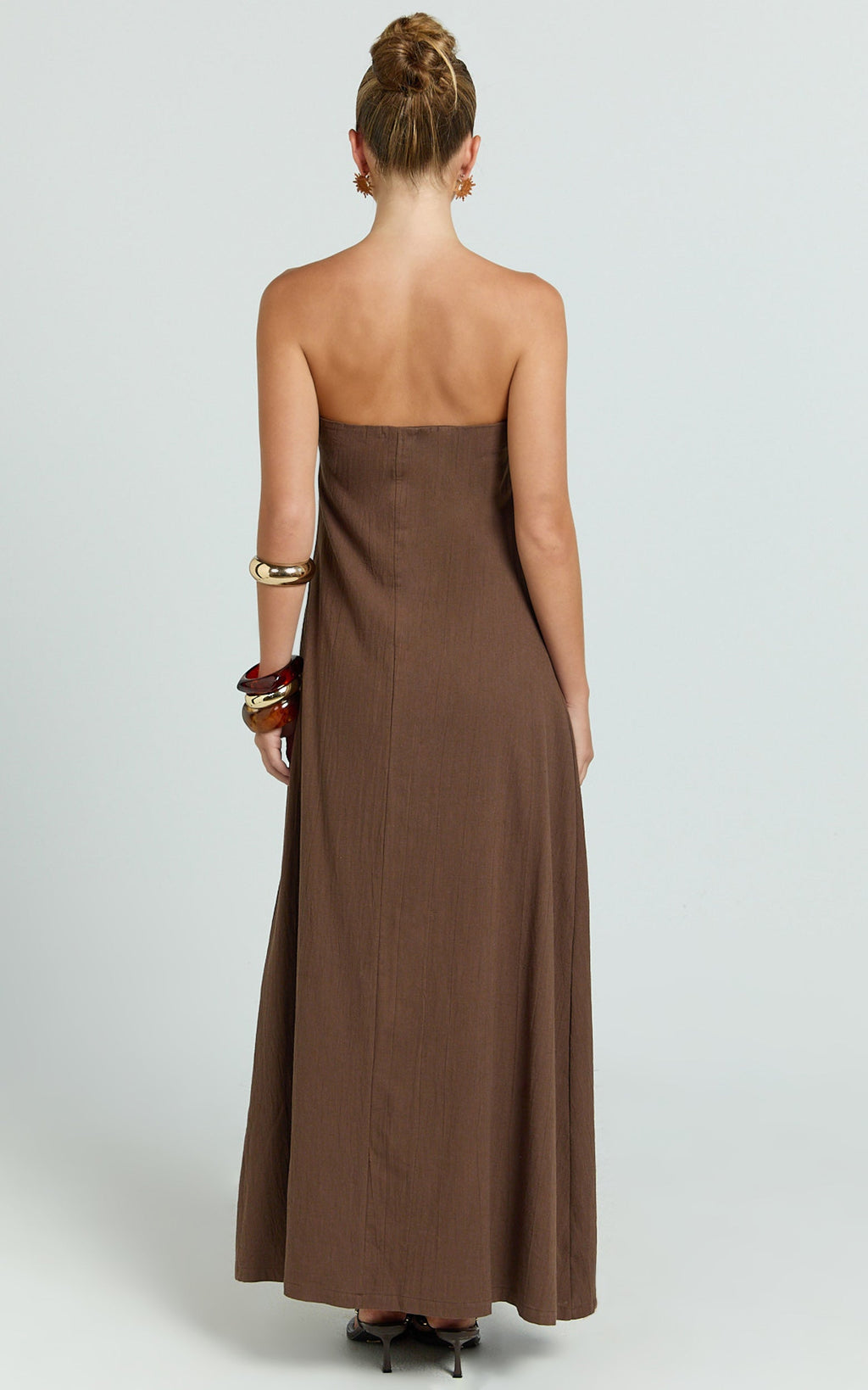 Emmie Midi Dress - Strapless Trapeze Dress in Chocolate