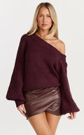 Erin Jumper - Cable Knit Off Shoulder Jumper in Wine