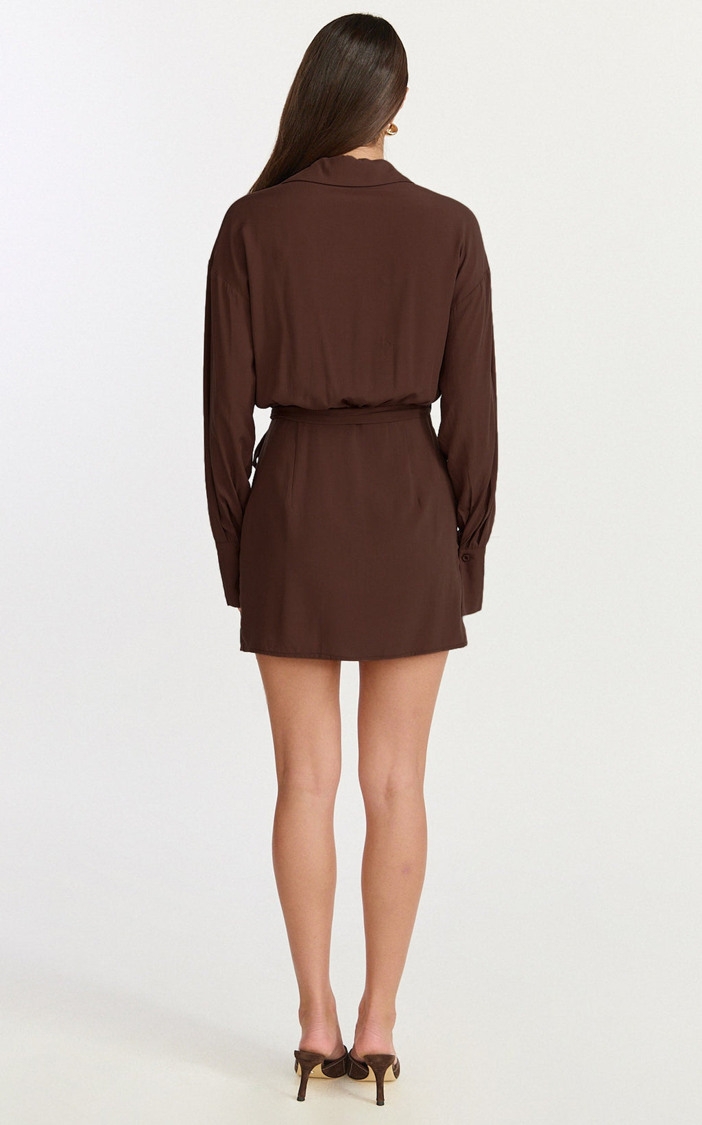 Erin Mini Dress - Longsleeve Wrap Shirt Dress in Chocolate