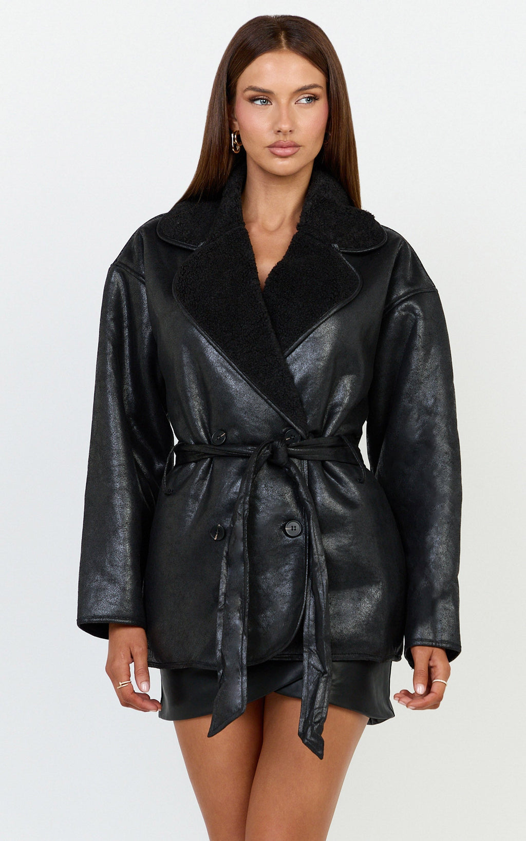 Esme Coat - Double Breasted Belted Faux Leather Faux Fur Lined Jacket in Black