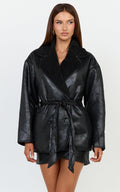 Esme Coat - Double Breasted Belted Faux Leather Faux Fur Lined Jacket in Black