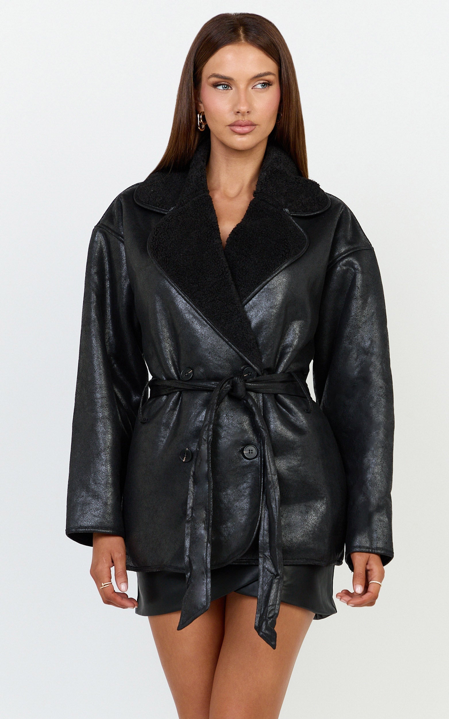 Esme Coat - Double Breasted Belted Faux Leather Faux Fur Lined Jacket in Black
