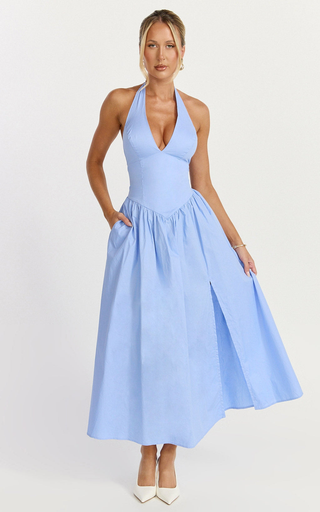 Etta Midi Dress - Plunge Fit And Flare Dress in Cornflower Blue