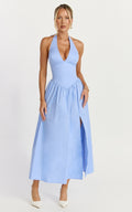 Etta Midi Dress - Plunge Fit And Flare Dress in Cornflower Blue