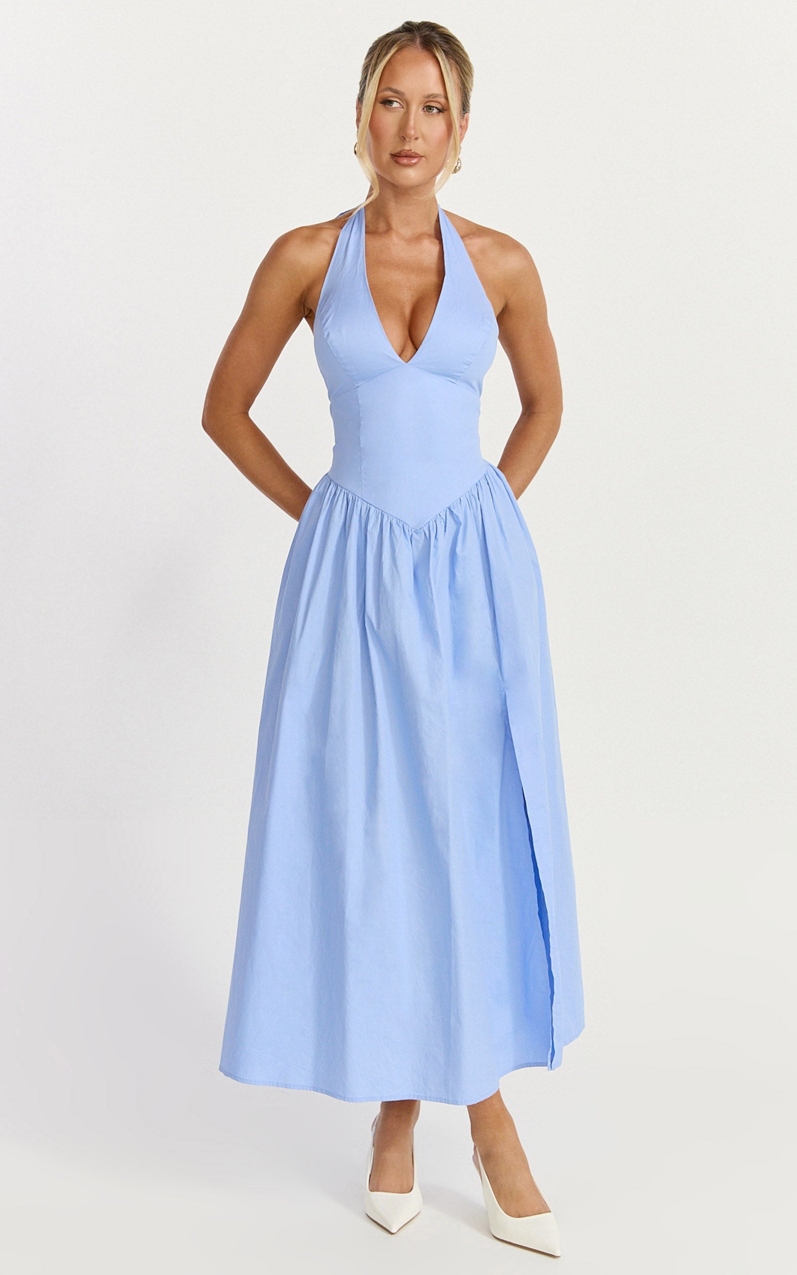 Etta Midi Dress - Plunge Fit And Flare Dress in Cornflower Blue
