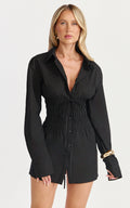 Eugenia Mini Dress - Long Sleeve Smocked Shirt Mini Dress in Black