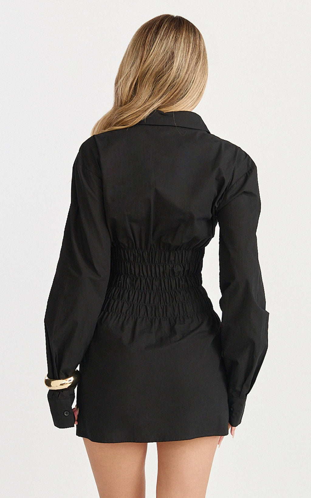 Eugenia Mini Dress - Long Sleeve Smocked Shirt Mini Dress in Black
