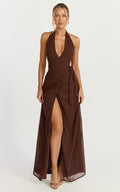 Eva Maxi Dress - Plunge Halter Wrap Dress in Chocolate
