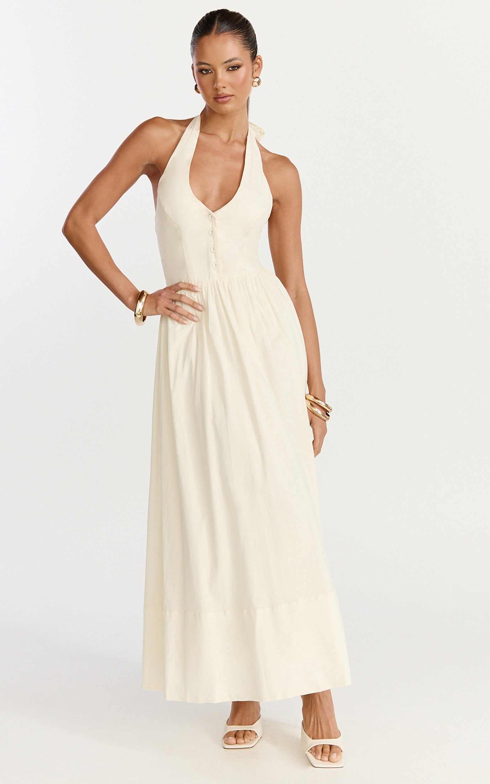 Everly Midi Dress - Tie Halter Neck Button Down Bodice Fit And Flare Dress in Cream