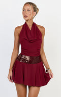 Evianne Mini Dress - Cowl Neck Sequin Drop Waist Halter Dress in Wine