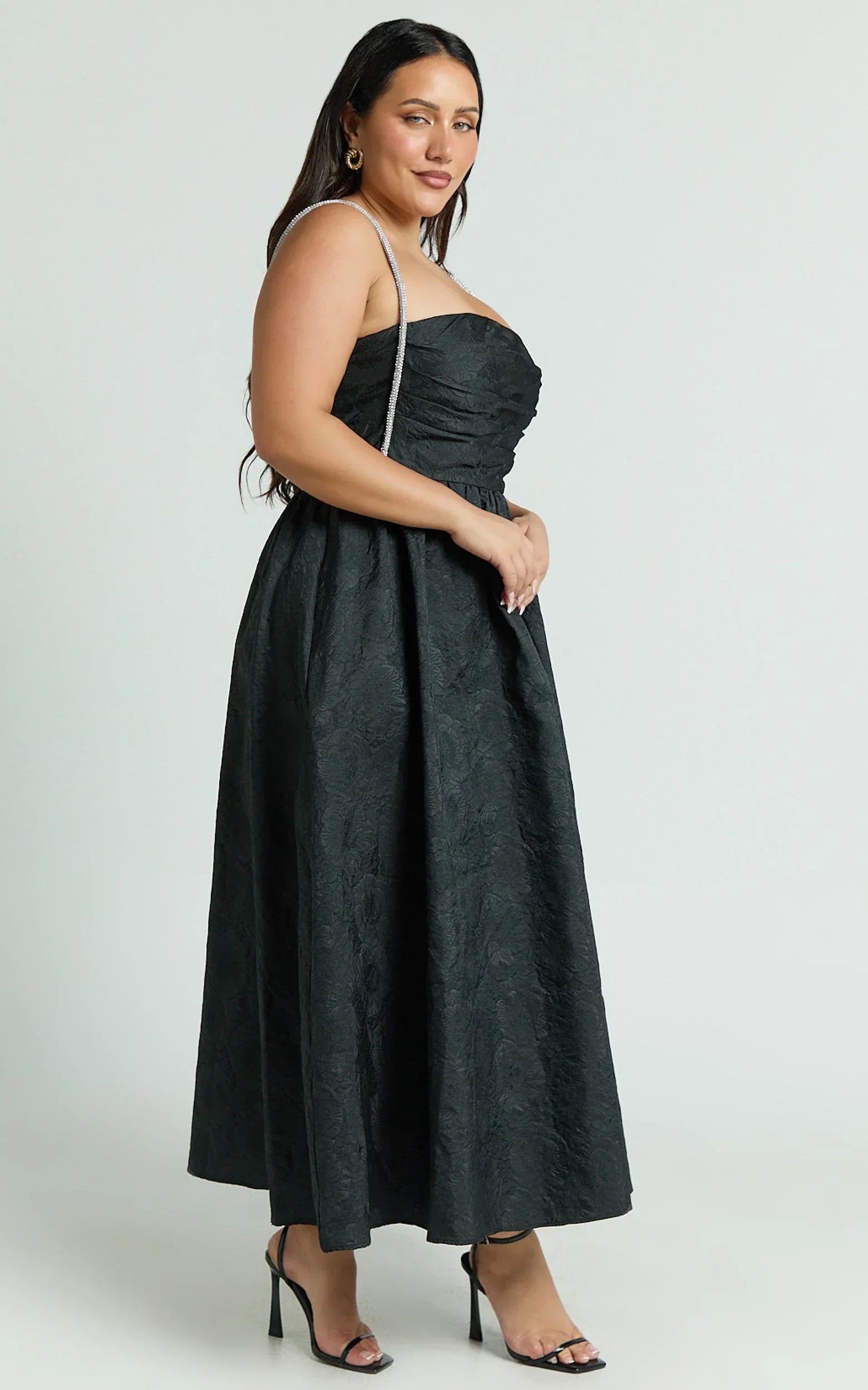 Alvia Midi Dress - Diamante Strap Ruched Straight Neck Dress in Black
