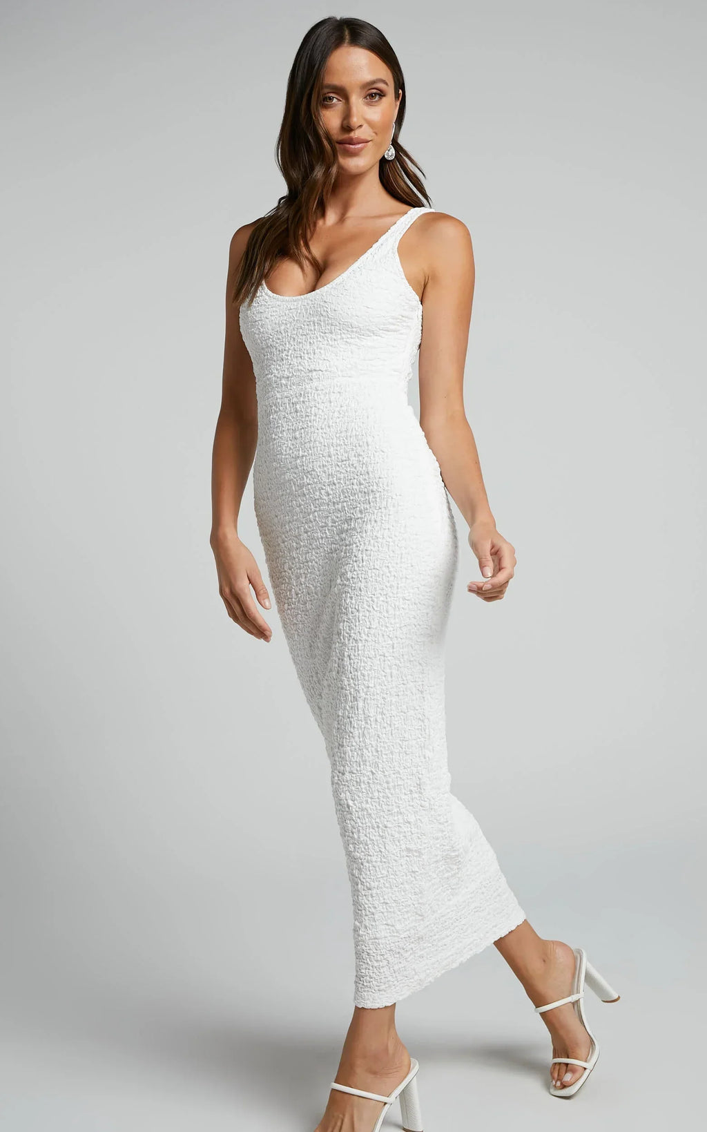 Novida Midi Dress - Textured Bodycon Dress in White