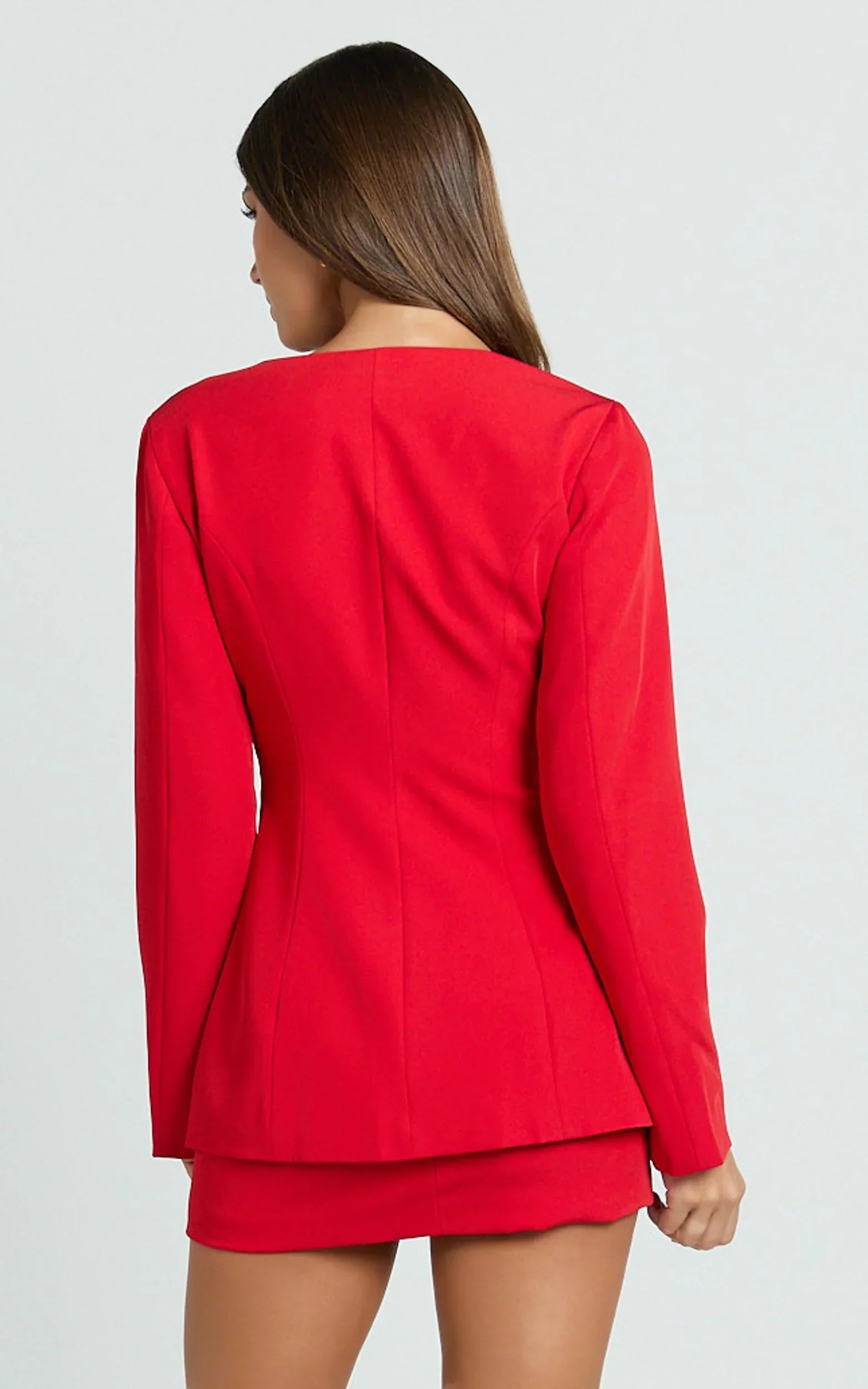 Evie Two Piece Set - Long Sleeve Button Down Tailored Top and Mini Skirt Set in Red