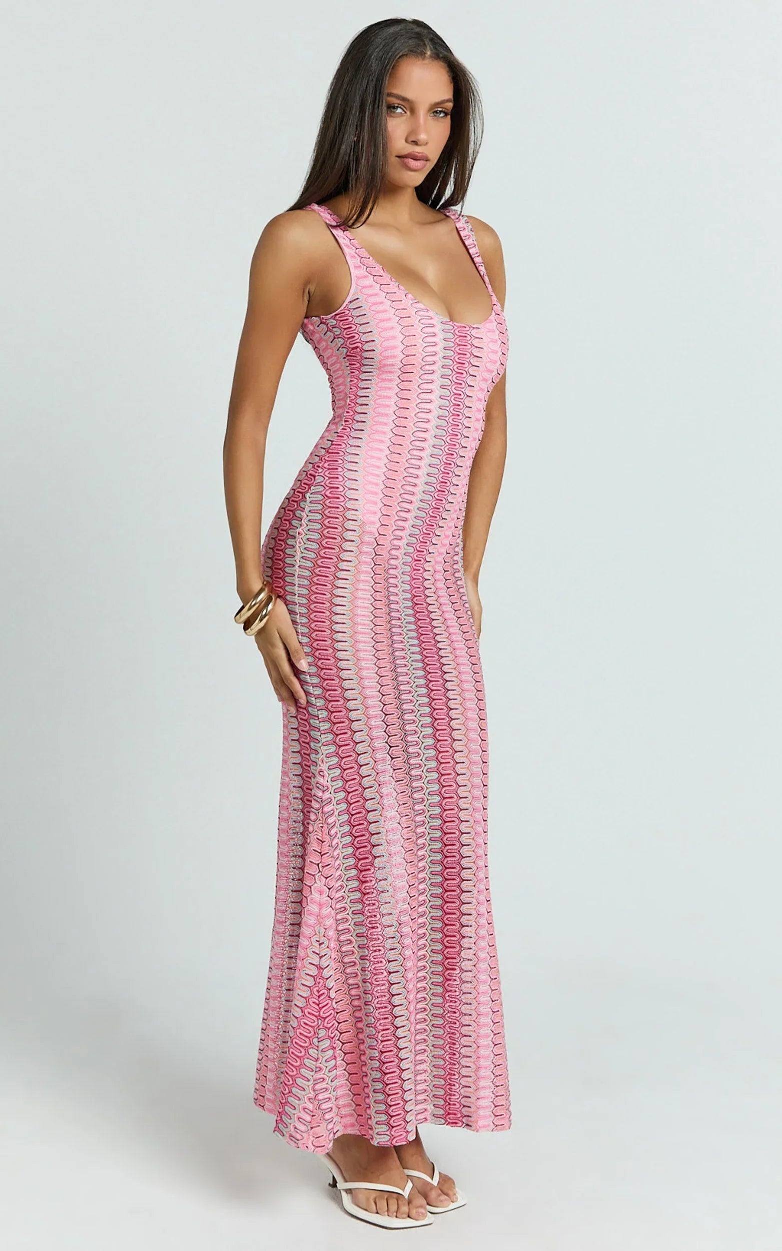 Julia Maxi Dress - Scoop Neck Low Back Bodycon Dress in Bright Pink