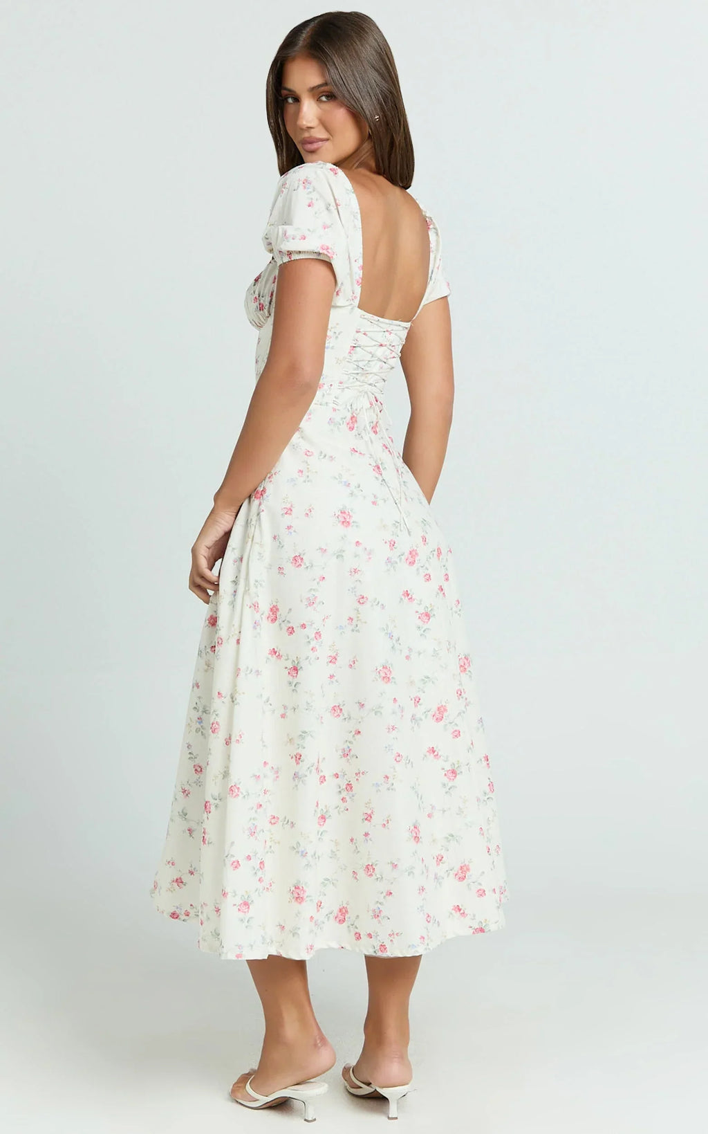 Imani Midi Dress - Puff Sleeve Square Neck Circle Skirt Dress in Cream