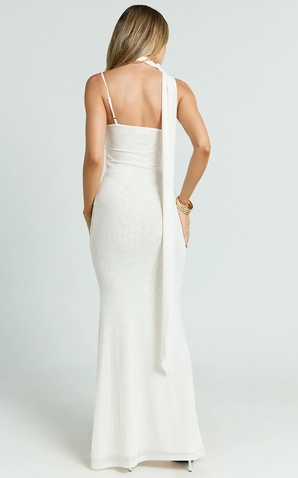 Larson Maxi Dress - Asymmetric Tie Neck Column Dress in Cream