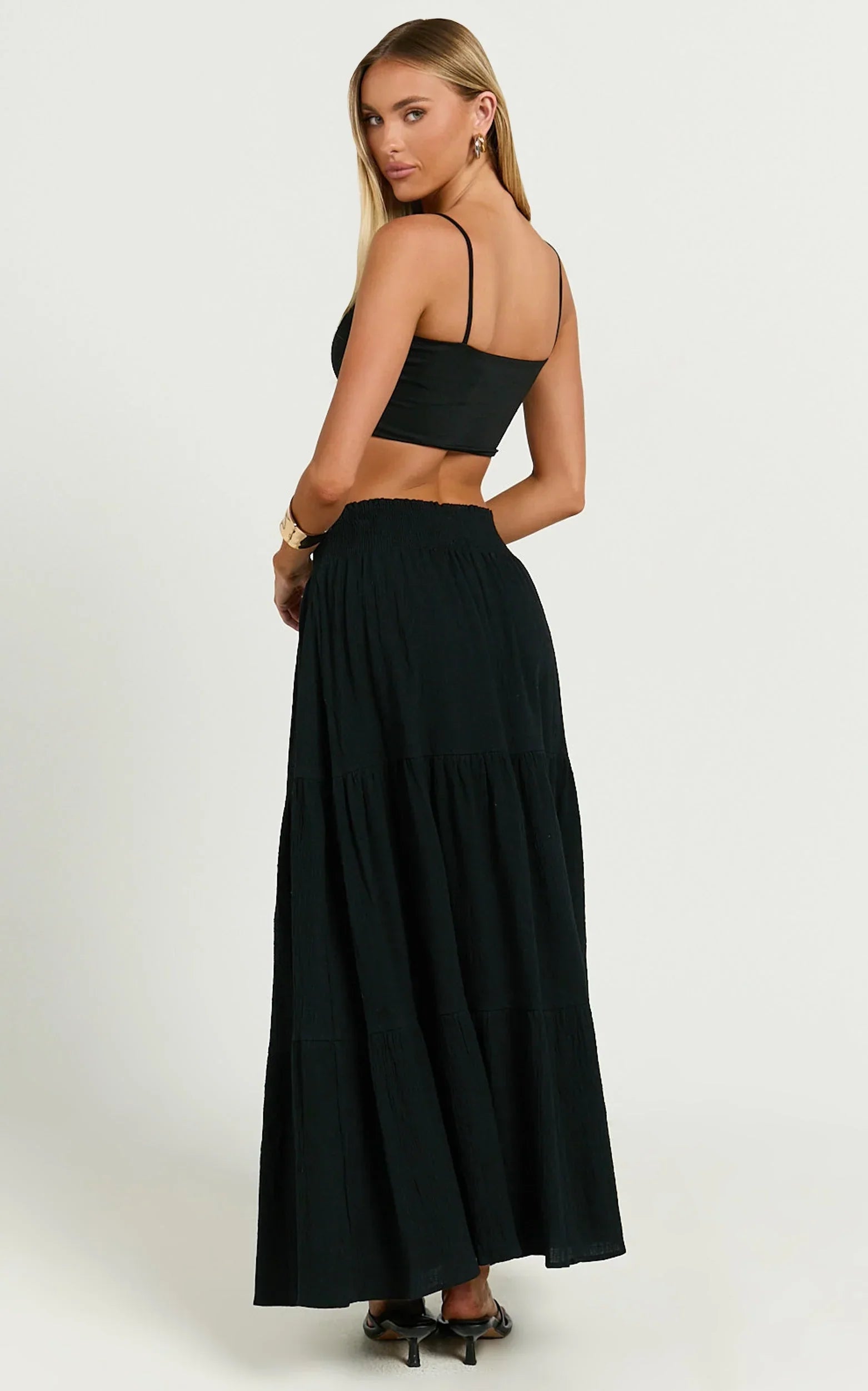 Ruby Midi Skirt - Shirred High Waist Cotton Tiered Skirt in Black