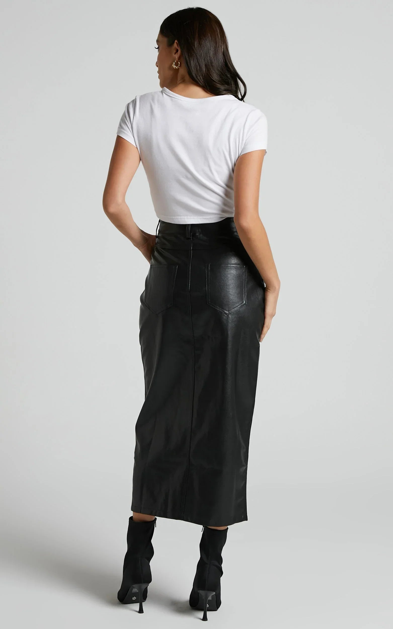 Jules Midi Skirt - Faux Leather High Waisted Front Split Midi Skirt in Black