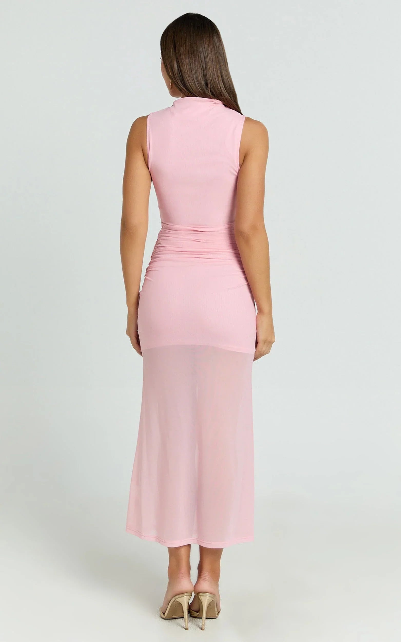 Jaimae Midi Dress - High Neck Side Knot Detail Mesh Dress in Soft Pink