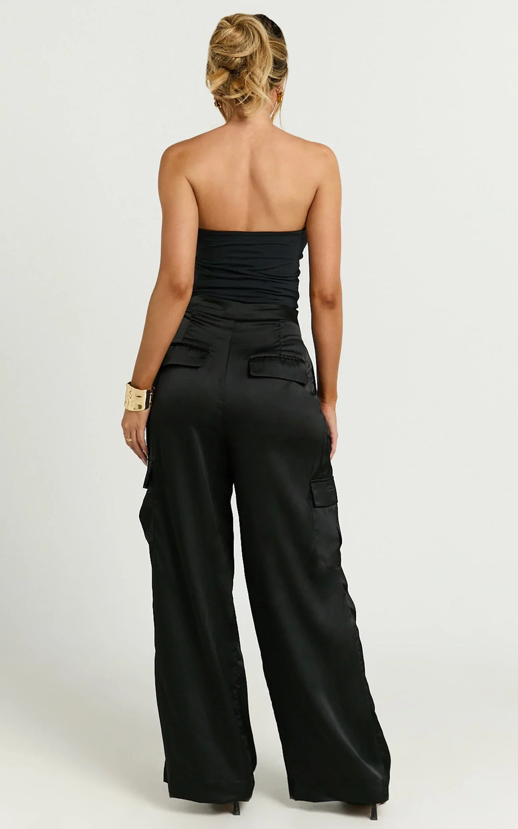 Amie Pants - High Waist Satin Tailored Cargo Pants in Black