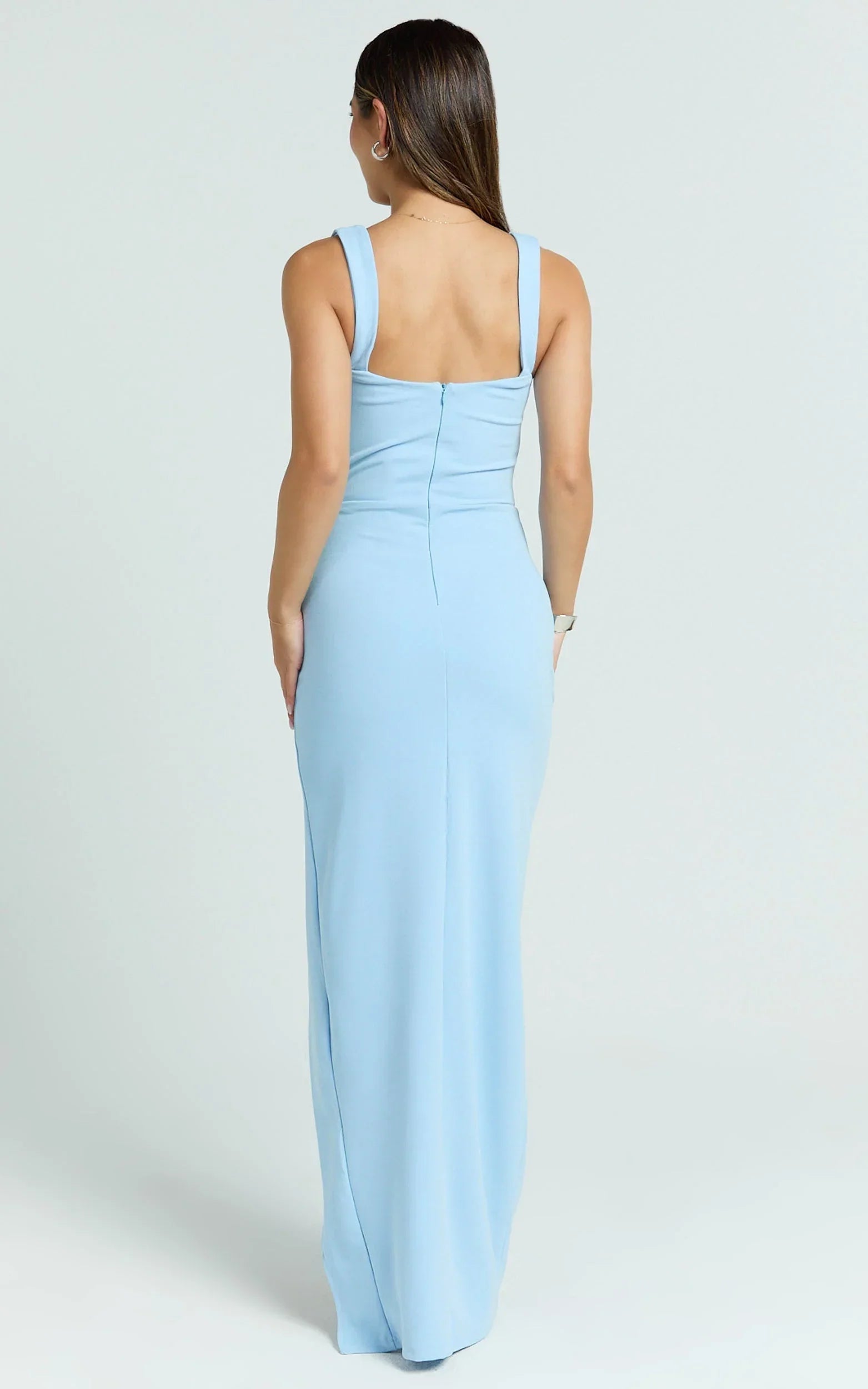 Donna Maxi Dress - Cowl Neck Column High Split Dress in Soft Blue