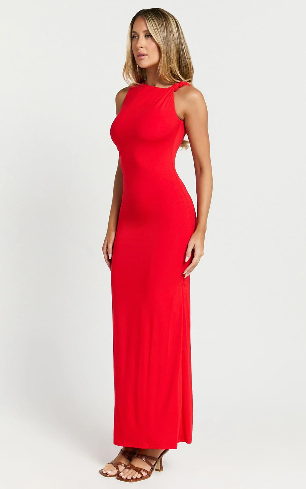 Aisha Maxi Dress - Sleeveless Twist Strap Bodycon Dress in Red