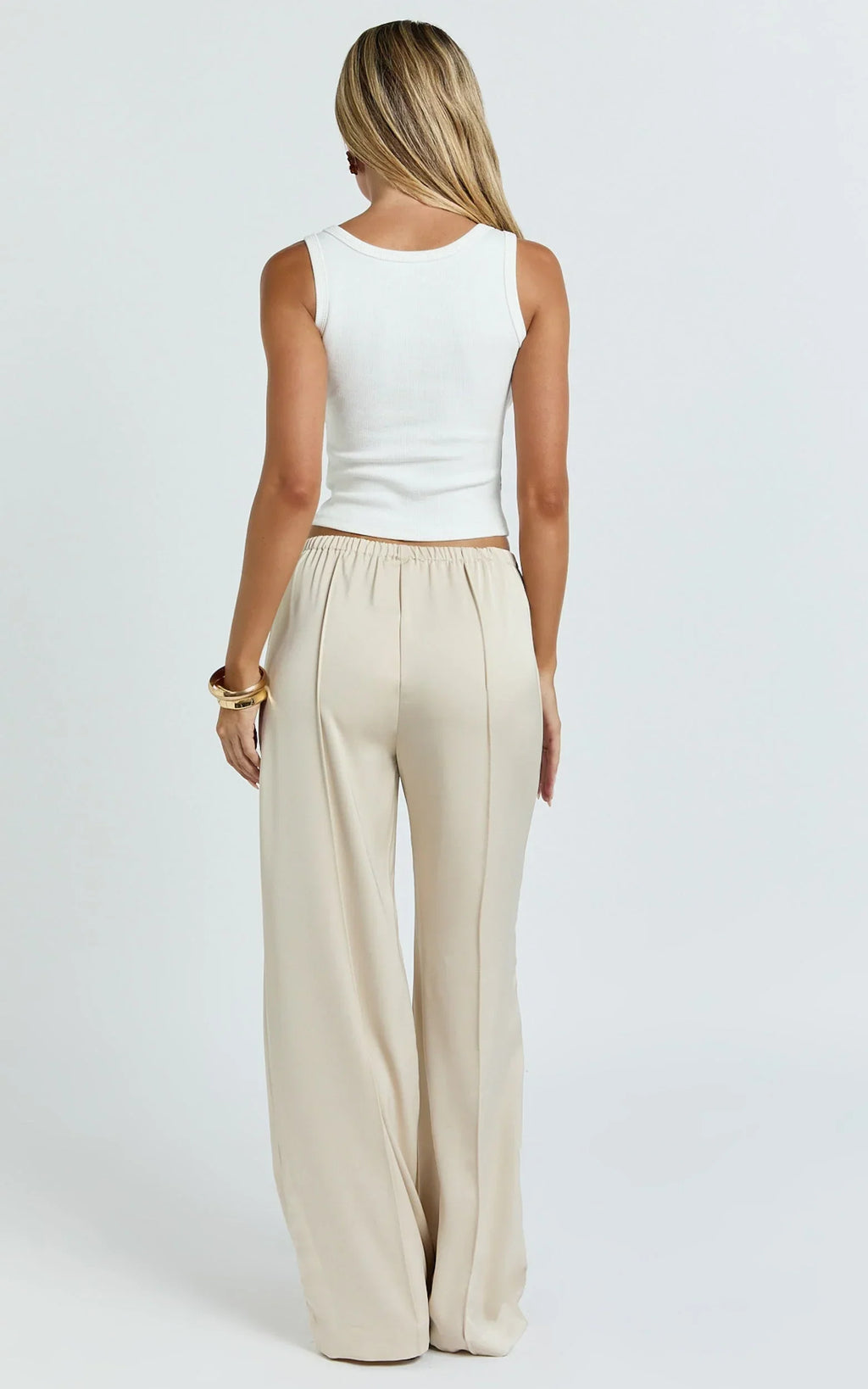 Faye Pants - Low Waist Elastic Waist Wide Leg Pants in Neutral