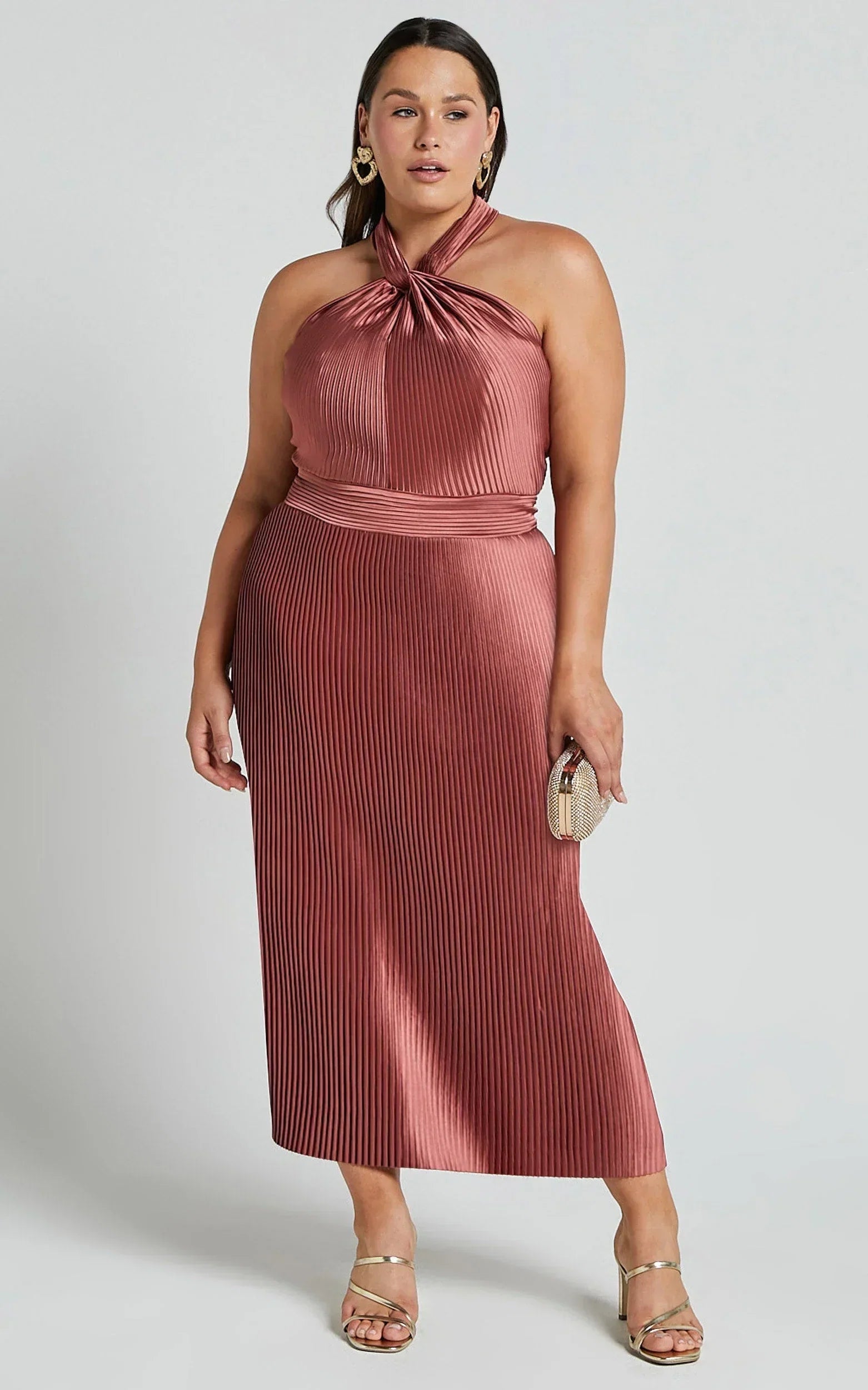 Marlette Midi Dress - Pleated Open Back Halter Dress in Rust