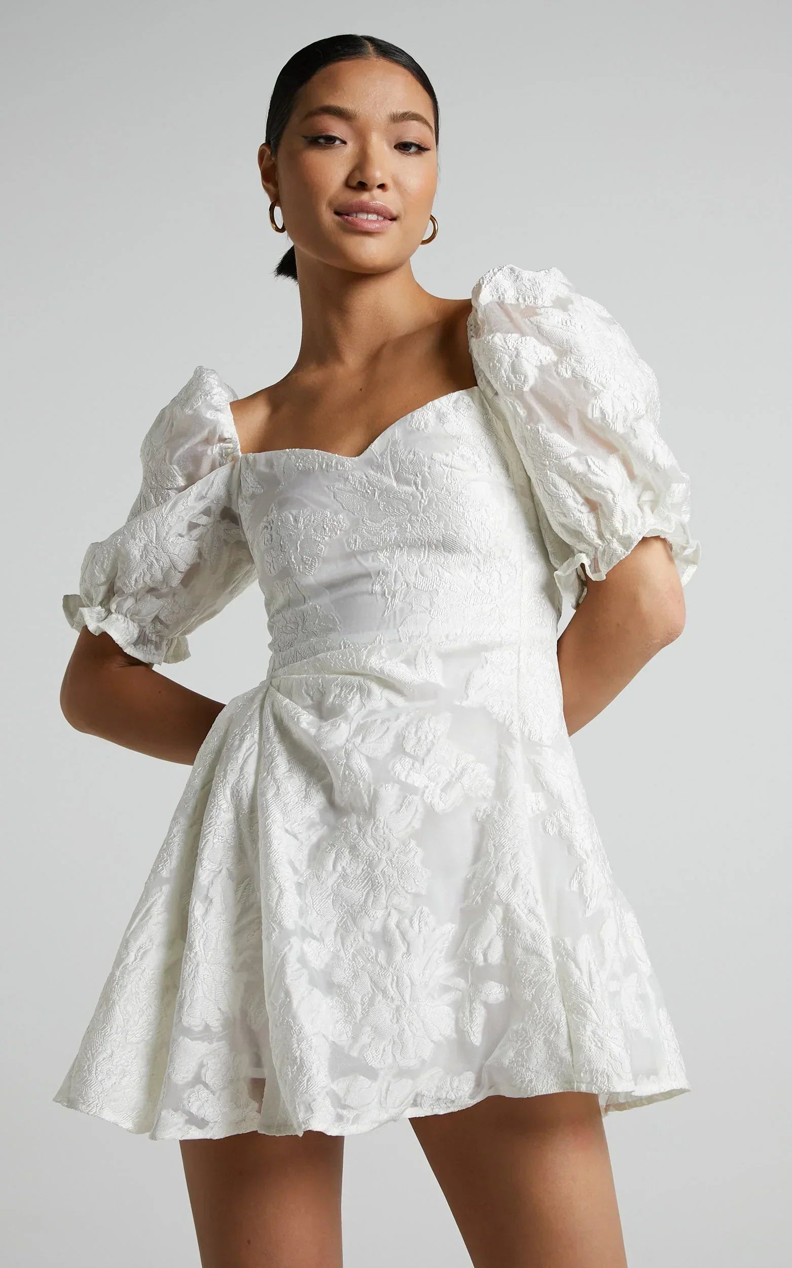 Brailey Mini Dress - Puff Sleeve Fit and Flare Dress in White