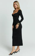 Naya Midi Dress - Long Sleeve Sweetheart Neck Bodycon Dress in Black