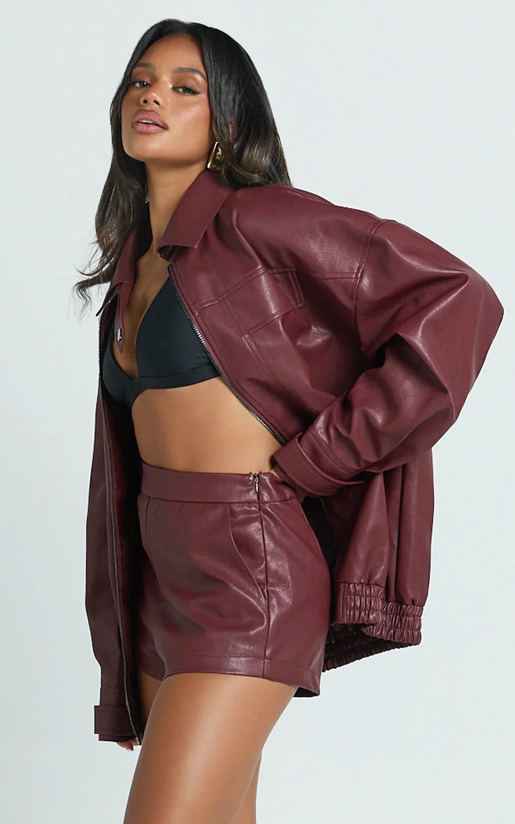 Rosetta Shorts - PU Fitted Micro Shorts in Wine