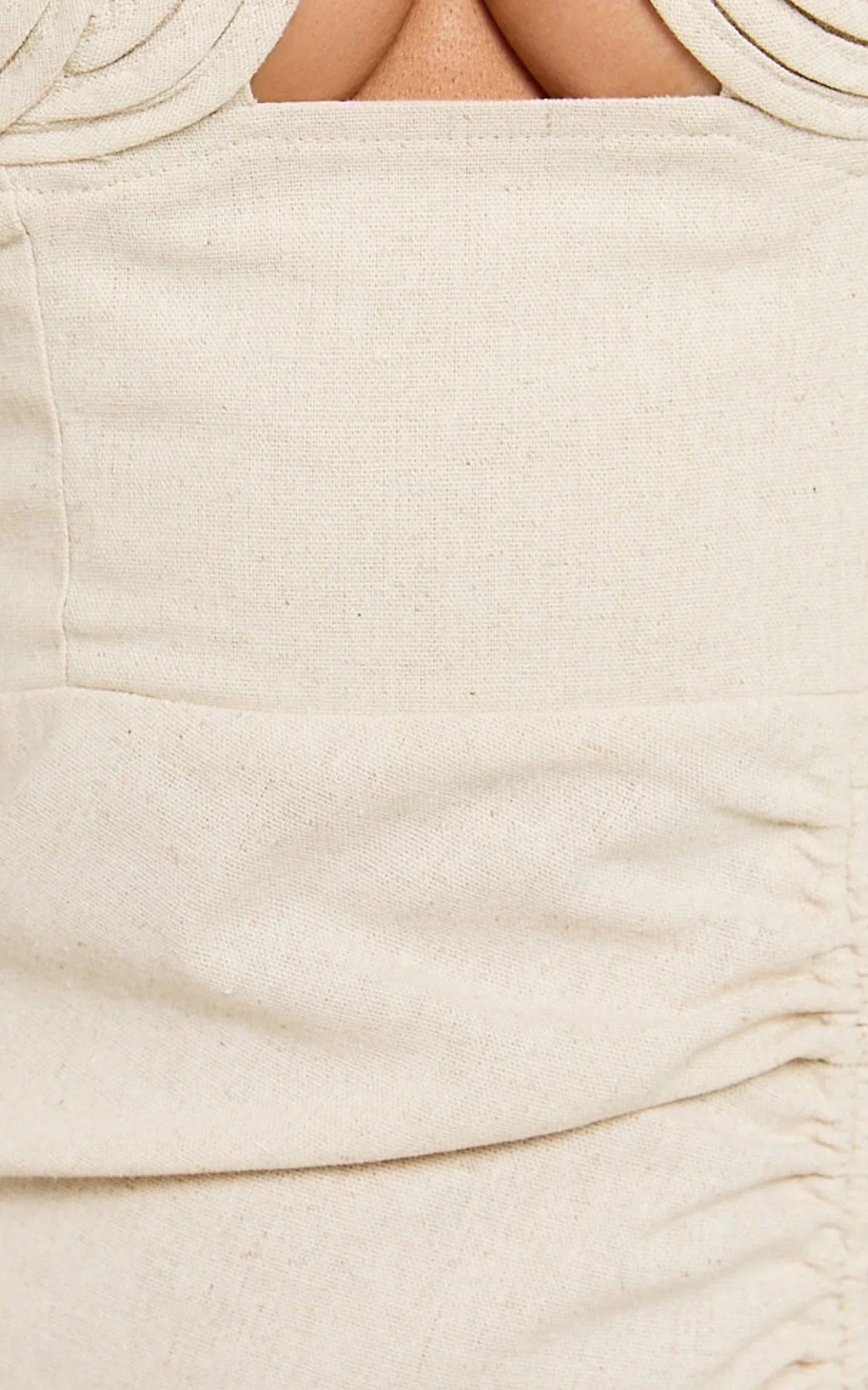 Griffin Midi Linen Blend Dress - Embroidered Tie Back Ruched Dress in Oatmeal