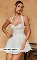 Jaclyn Mini Dress - Embroidered Sweetheart Halter Fit And Flare Full Skirt Dress in White