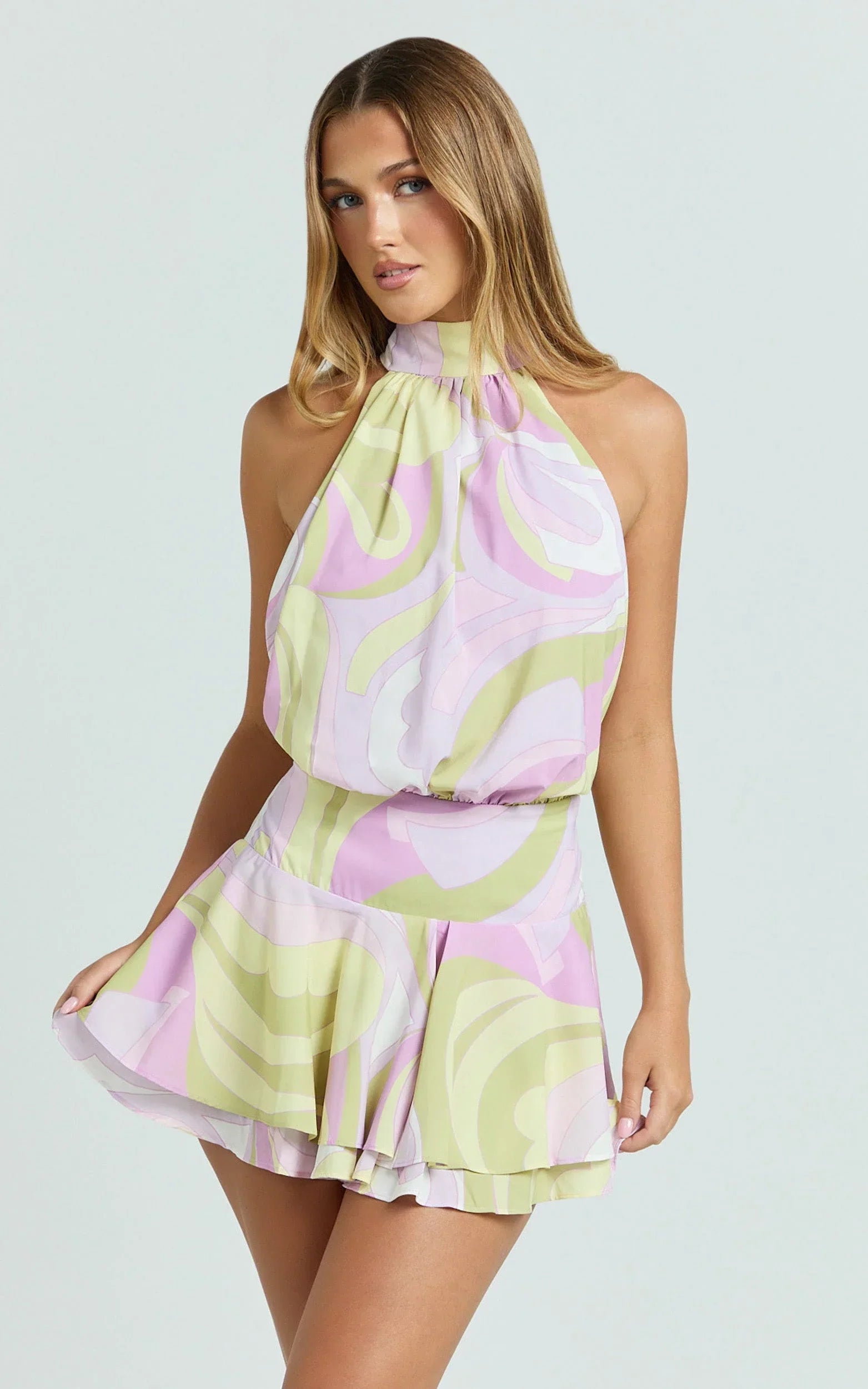Bryonie Mini Dress - Backless Halter Dress in Swirl Print