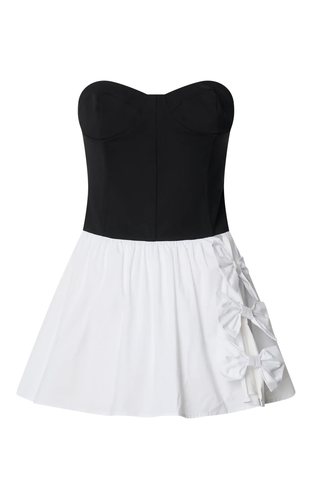 Adelita Mini Dress - Strapless Contrast Colour Bodice Gathered Poplin Skirt Dress in Black