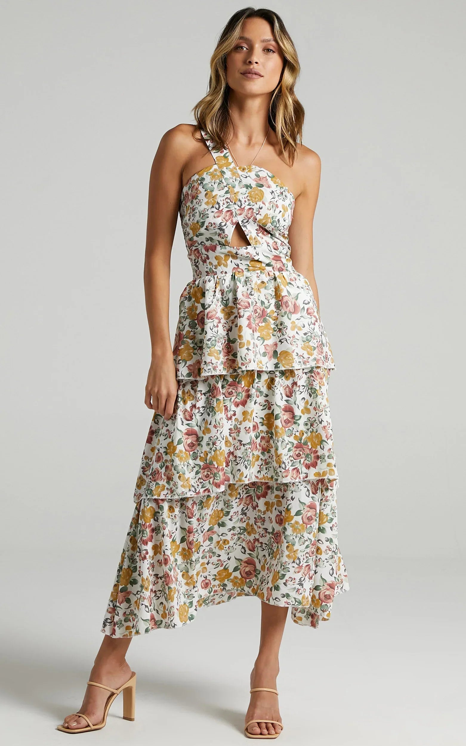Caro Midi Dress - One Shoulder Tiered Dress in Multi Floral