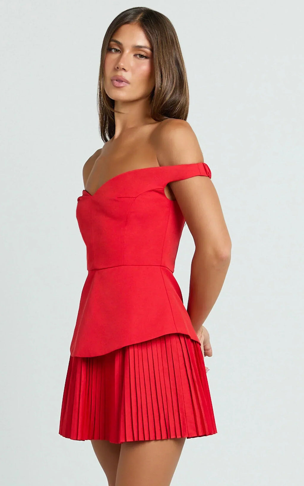Izara Mini Dress - Off Shoulder Pleated Dress in Red