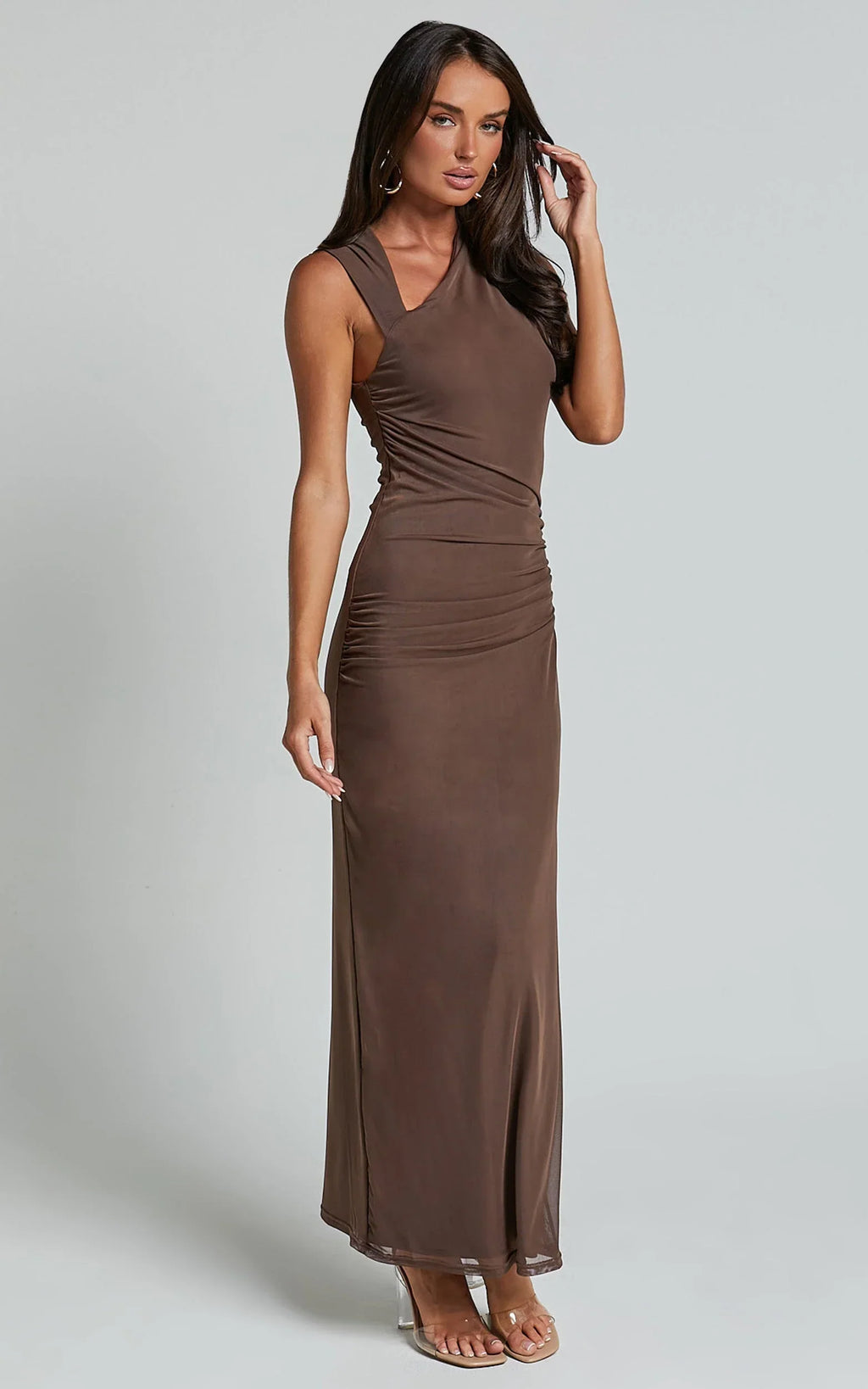 Lara Midi Dress - Asymmetrical Ruched Mesh Dress in Chocolate