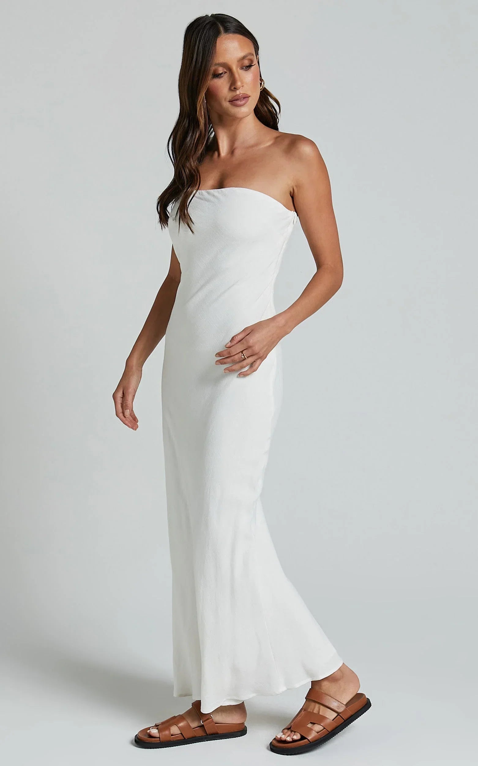 Aaliya Midi Dress - Linen Strapless Slip Dress in Off White