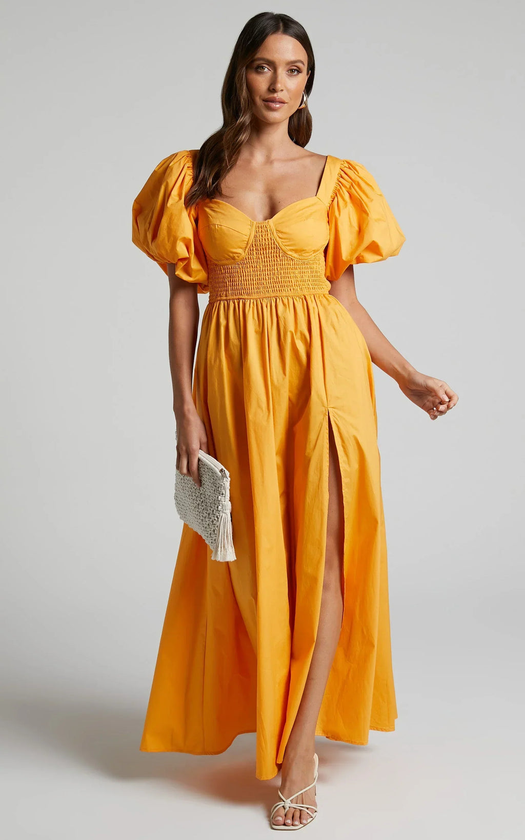 Raiza Midi Dress - Shirred Waist Puff Sleeve Dress in MARIGOLD